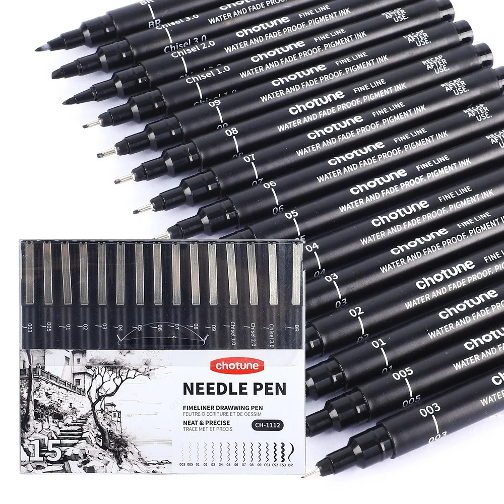Illustration Marker Set - 블랙 마이크로 펜, 15가지 크기, 방수